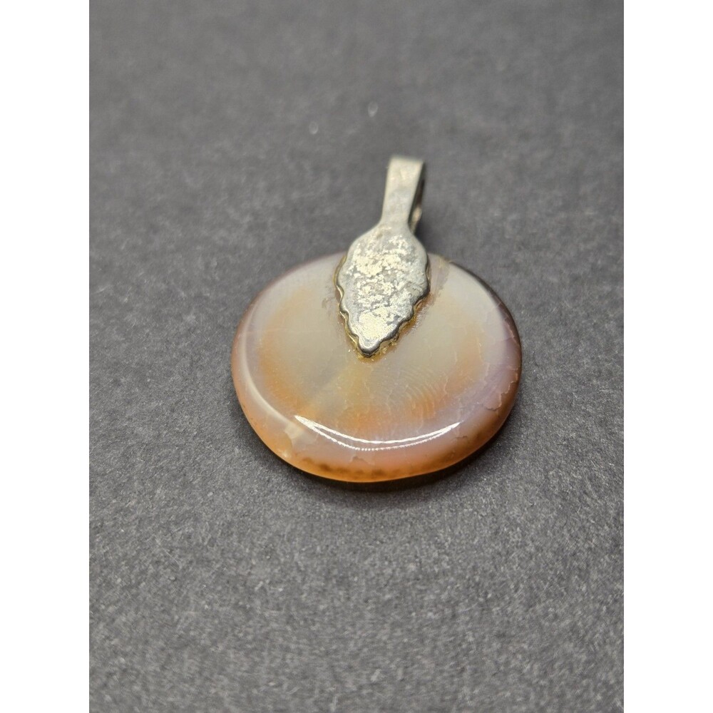 Agate Slice Pendant with Silver Plated Bail, Round Light Pink Orange
